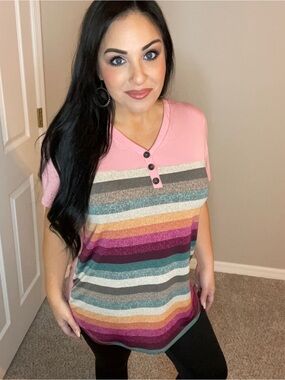 XL Pink Striped V-Neck Short Sleeve Top with Button Detail